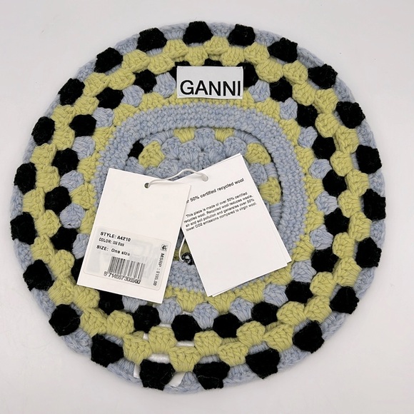 Ganni Recycled Wool Crochet Beret Hat Style A4210 Black Grey Yellow - Picture 6 of 12